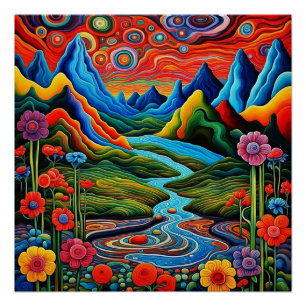 Póster Paisaje psicodélico con río 2