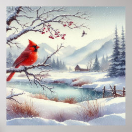 Póster Paisaje rojo de aves e invierno 3