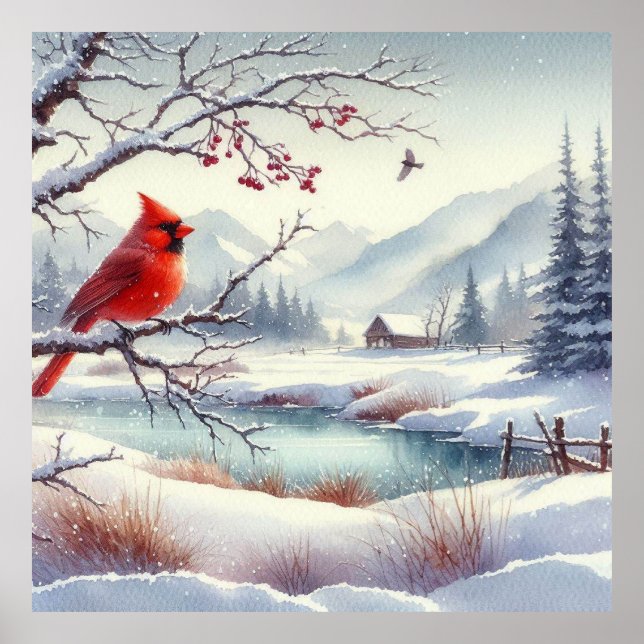 Póster Paisaje rojo de aves e invierno 3 (Frente)