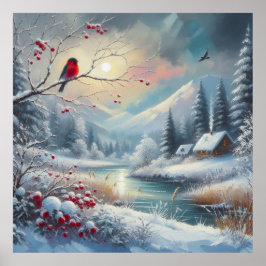 Póster Paisaje rojo de aves e invierno 5