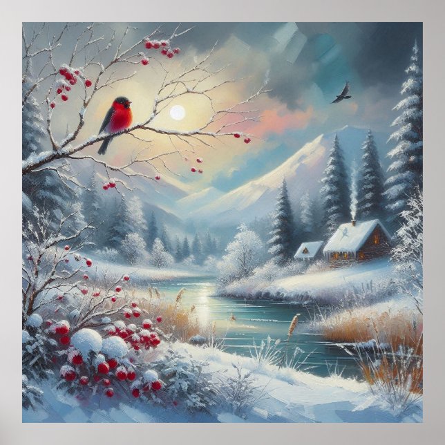 Póster Paisaje rojo de aves e invierno 5 (Frente)