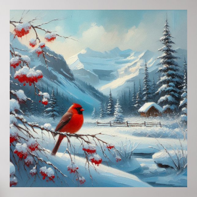 Póster Paisaje rojo de aves e invierno 7 (Frente)