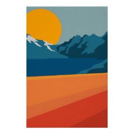 Póster Paisaje Rojo y Azul de Montaña - Adentro Retro al 