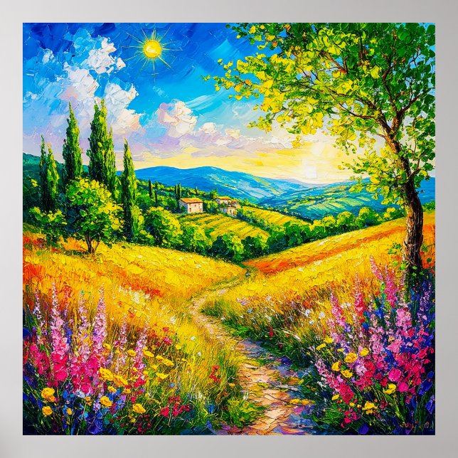 Póster Paisaje rural con flores (Frente)