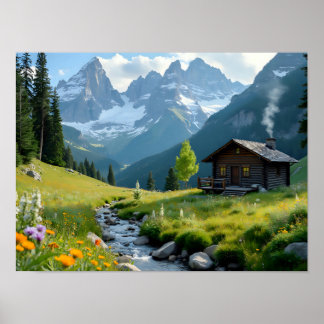 Póster Paisaje rústico de cabaña de montaña en la natural