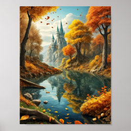 Póster Paisaje soñador de otoño con castillo mágico y río