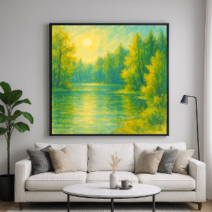 Póster Paisaje Sunny Lakeside - Estilo de pintura Pastel
