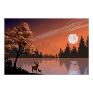 Póster Paisaje Sunrise con Lago y Deers-51207