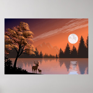 Póster Paisaje Sunrise con Lago y Deers-51207