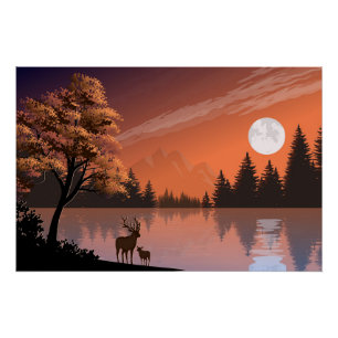 Póster Paisaje Sunrise con Lago y Deers-51207