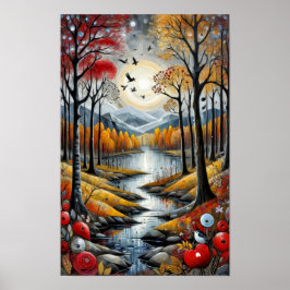 Póster Paisaje surrealista colorido con un río pacífico