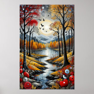Póster Paisaje surrealista colorido con un río pacífico