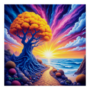 Póster Paisaje Surrealista del Atardecer del Árbol Psicod
