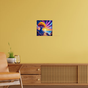 Póster Paisaje Surrealista del Atardecer del Árbol Psicod
