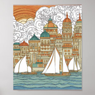 Póster Paisaje surrealista victoriano flotante de puesta