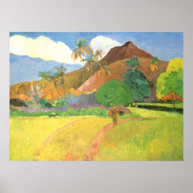 Póster Paisaje tahitiano, montañas Tahiti, Paul Gauguin (Frente)