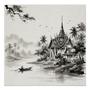 Póster Paisaje tailandés con tinta lavada