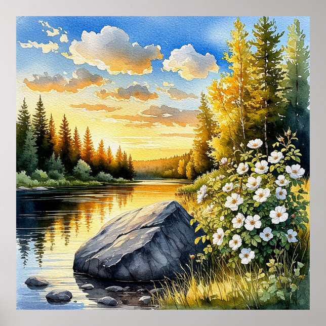 Póster Paisaje tranquilo junto al lago al atardecer (Frente)