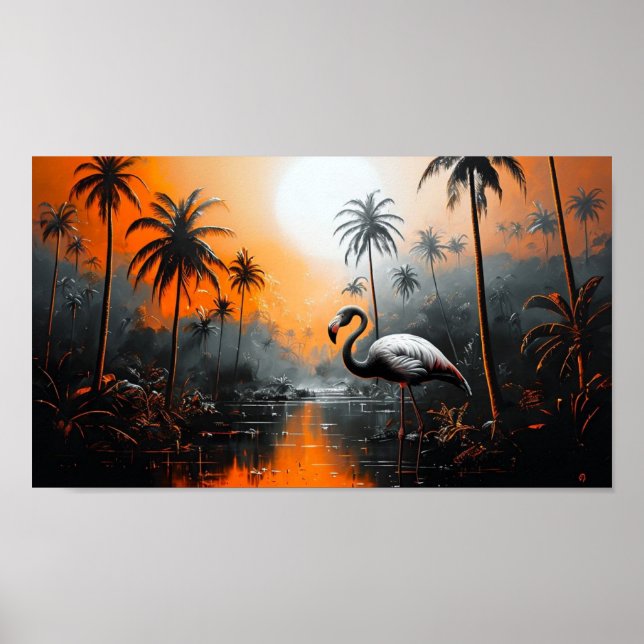 Póster Paisaje Tropical Con Flamingo Bajo Un Vibrante Cie (Frente)