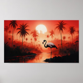 Póster Paisaje Tropical Con Una Sola Flamingo