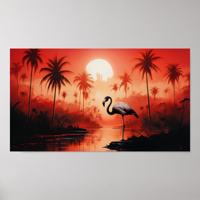 Póster Paisaje Tropical Con Una Sola Flamingo (Frente)