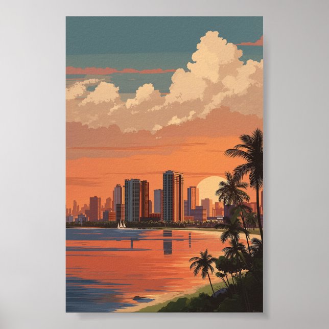 Póster Paisaje tropical del atardecer - Palmeras y Skylin (Frente)
