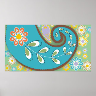Póster Paisaje turquesa retro con flores
