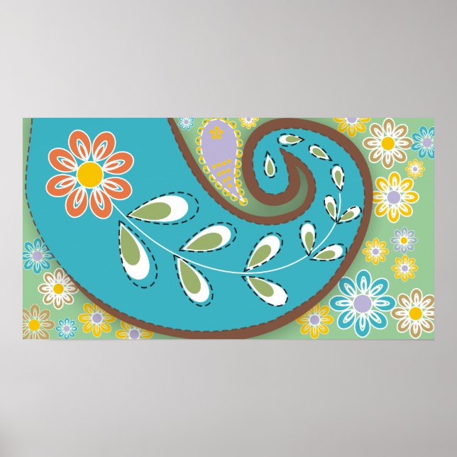 Póster Paisaje turquesa retro con flores (Frente)