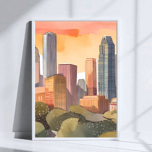 Póster Paisaje urbano al atardecer Acuarela de la silue