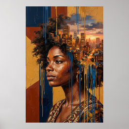 Póster Paisaje urbano al atardecer Afrofuturismo Reina Ne