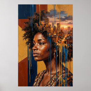 Póster Paisaje urbano al atardecer Afrofuturismo Reina Ne