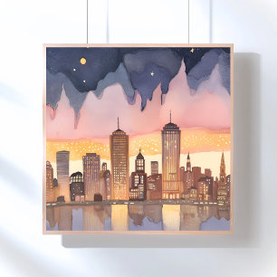 Póster Paisaje urbano al atardecer   Pintura acuarela