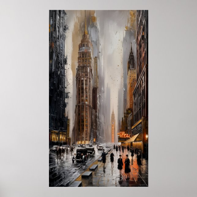 Póster Paisaje urbano Art Deco: Calles húmedas y rascacie (Frente)