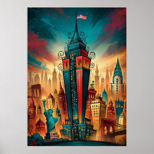 Póster Paisaje urbano caprichoso de Nueva York Manhattan
