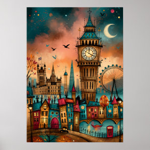 Póster Paisaje urbano caprichoso del Big Ben de Londres