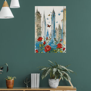 Póster Paisaje urbano con Rosas, nomeolvides y mariposas