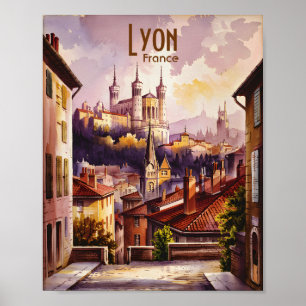 Póster Paisaje urbano de acuarela vintage de viaje a Lyon