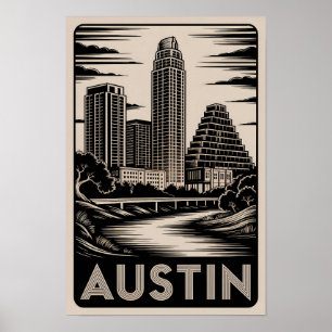 Póster Paisaje urbano de Austin Texas en negro y blanco e