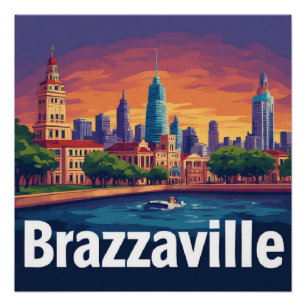 Póster Paisaje urbano de Brazzaville con catedral históri
