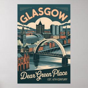 Póster Paisaje urbano de Glasgow Escocia con estilo retro