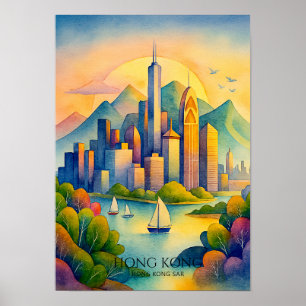Póster Paisaje urbano de Hong Kong en acuarela Viajes