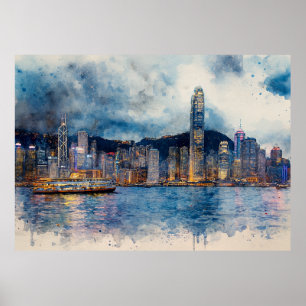 Póster Paisaje urbano de Hong Kong - Pintura de salpicadu