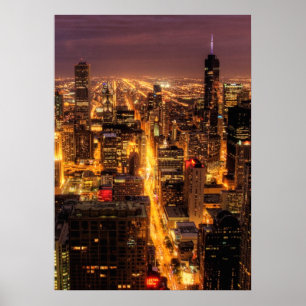 Póster Paisaje urbano de la noche de Chicago