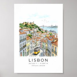Póster paisaje urbano de Lisboa en estilo acuarela