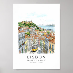 Póster paisaje urbano de Lisboa en estilo acuarela