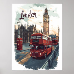 Póster Paisaje urbano de Londres con bus de doble decker 