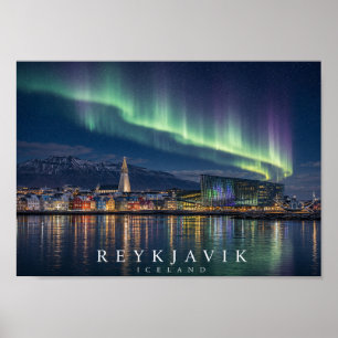 Póster Paisaje urbano del puerto de Reykjavík Islandia A4