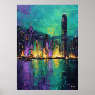 Póster Paisaje urbano expresionista de Hong Kong, puerto 