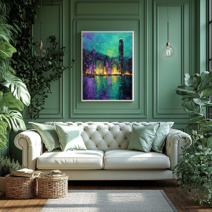 Póster Paisaje urbano expresionista de Hong Kong, puerto 