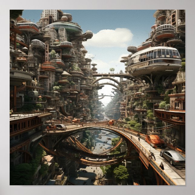 Póster Paisaje urbano futurista: Autos voladores y motoci (Frente)